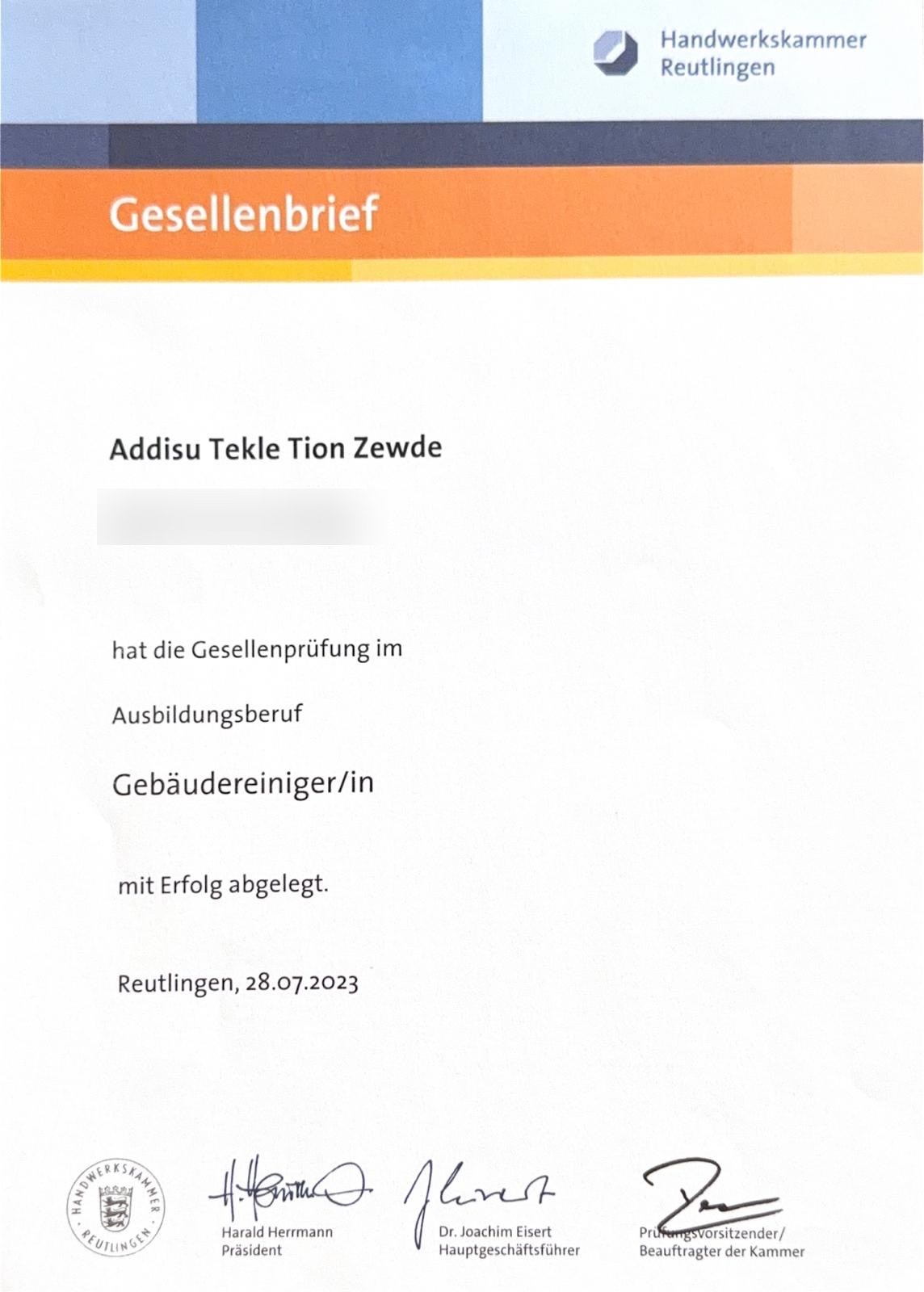 Gesellenbrief Gebäudereiniger/in der Handwerkskammer Reutlingen für Addisu Tekle Tion Zewde